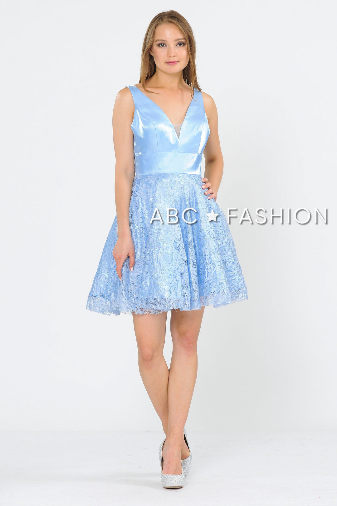 Short V-Neck Dress with A-line Lace Skirt by Poly USA 8418-Short Cocktail Dresses-ABC Fashion