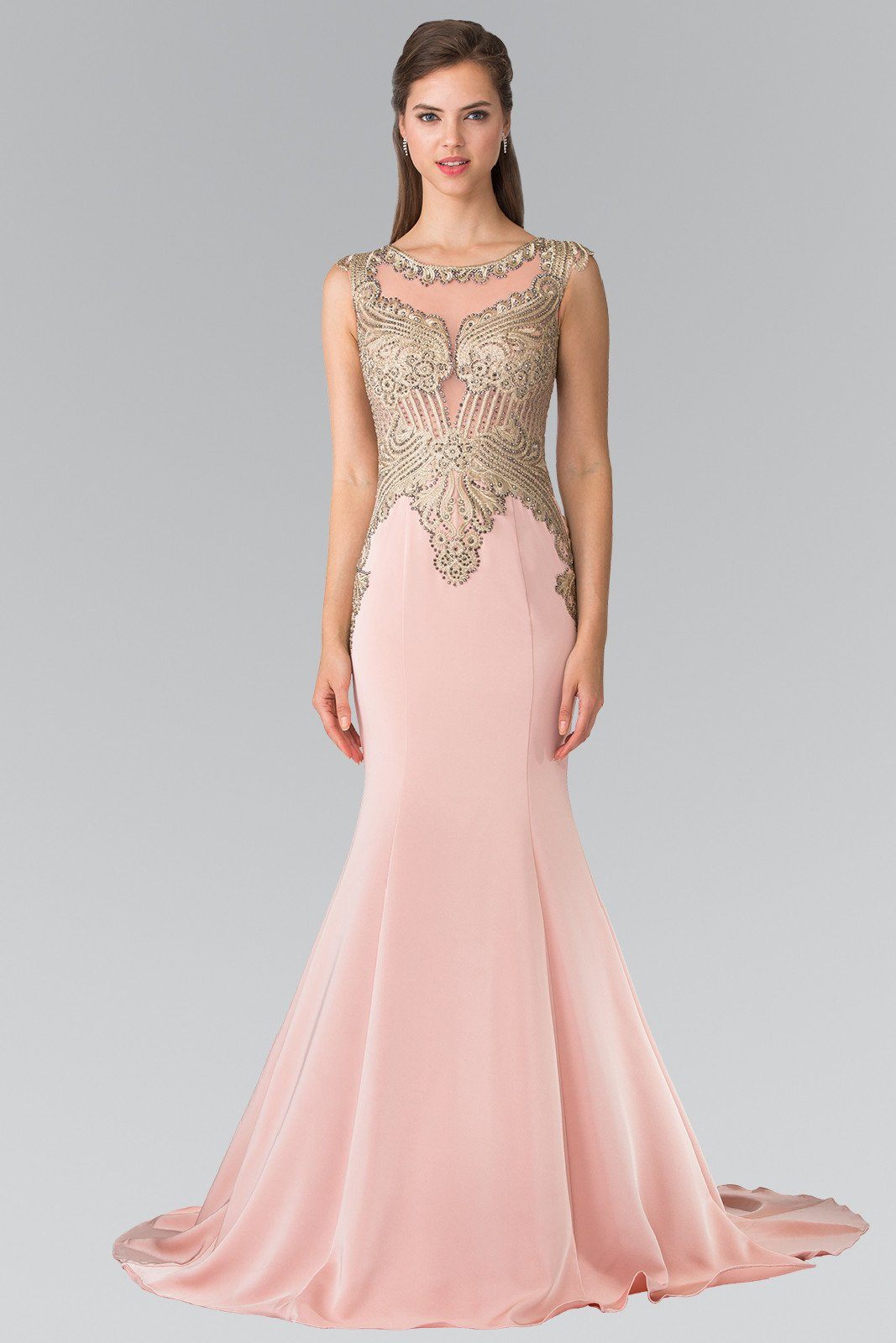 embroidered lace sheer illusion long prom dress Strappy-Back Long Prom Dress with Sheer Bodice Light Periwinkle / 10 main image 0