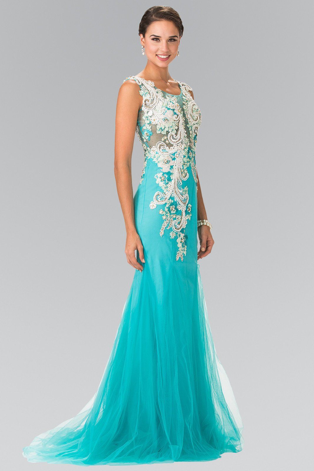 aqua embroidered illusion dress Elizabeth K GL2318 - Long Trumpet Dress