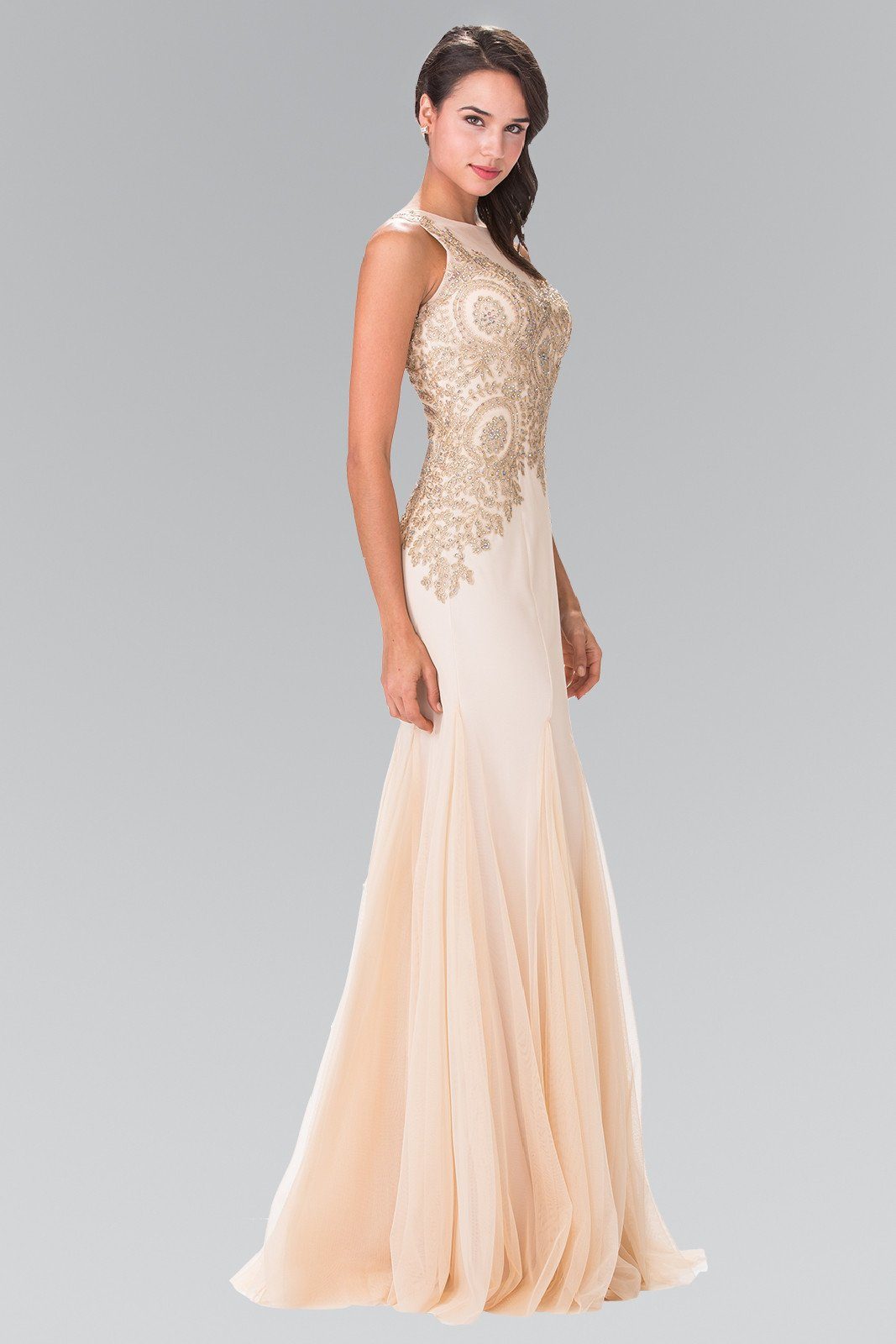 Sleeveless Illusion Dress with Lace Applique by Elizabeth K GL2283-Long Formal Dresses-ABC Fashion