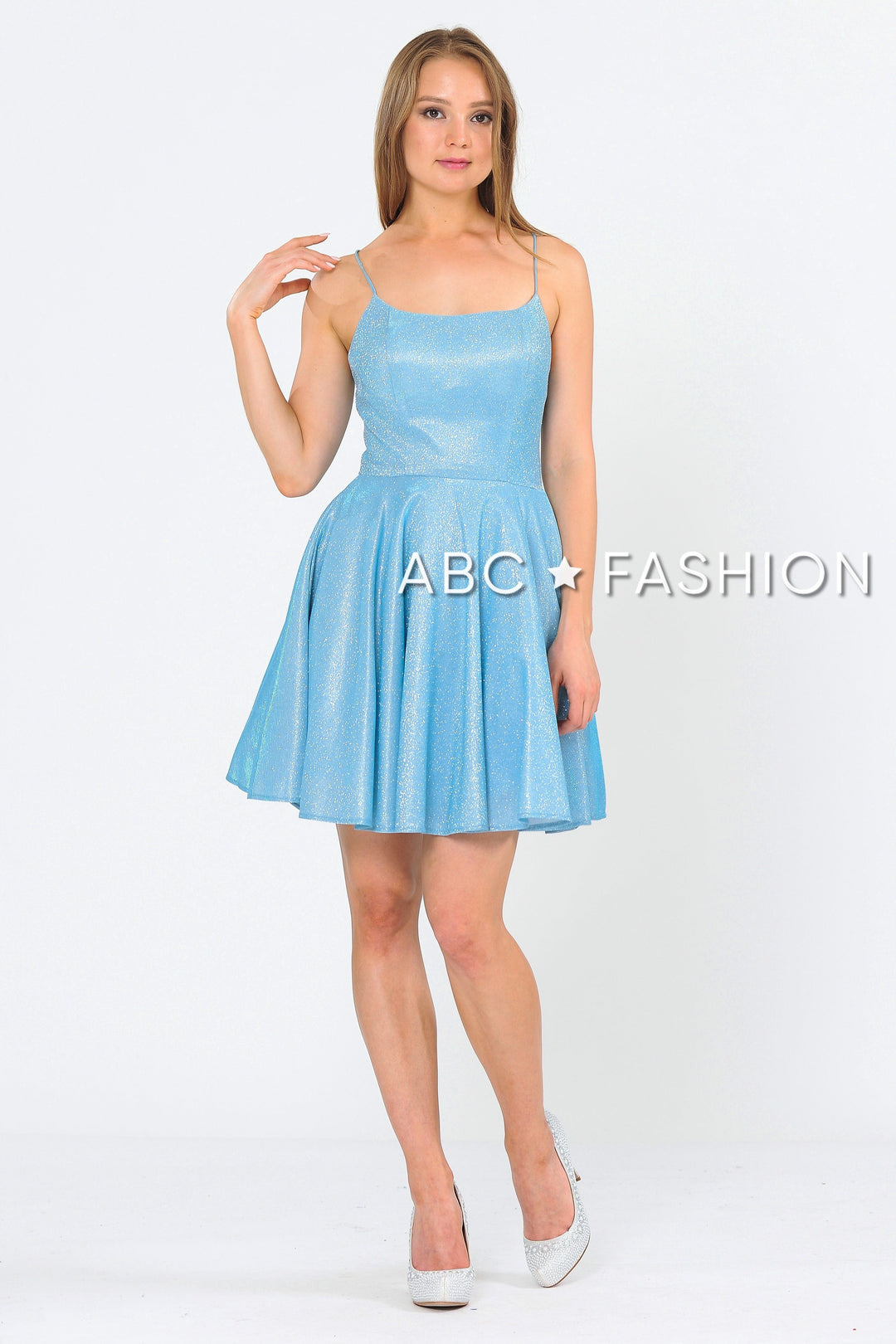 Square Neck Short Metallic Glitter Dress by Poly USA 8220-Short Cocktail Dresses-ABC Fashion