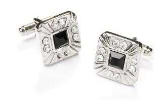 Square Silver Cufflinks with Black and Clear Crystals-Men's Cufflinks-ABC Fashion