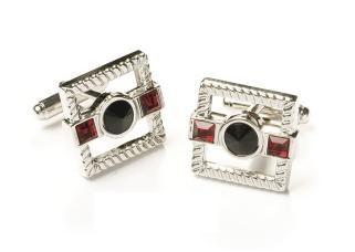 Square Silver Cufflinks with Black and Red Crystals-Men's Cufflinks-ABC Fashion