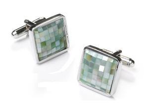 Square Silver Cufflinks with Green Mosaic-Men's Cufflinks-ABC Fashion