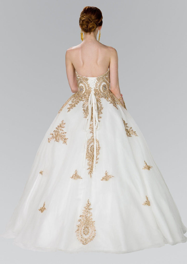 Strapless Ballgown with Gold Lace Applique by Elizabeth K GL2379-Quinceanera Dresses-ABC Fashion