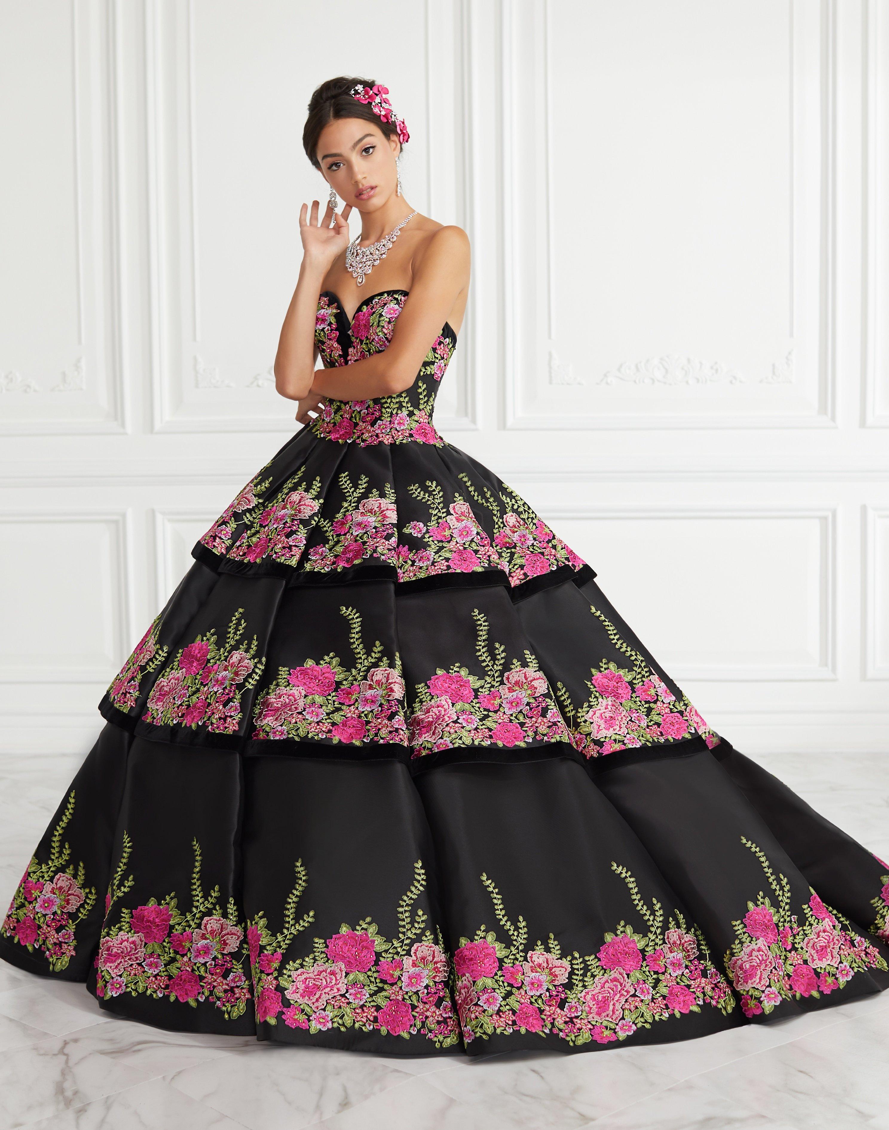 black and pink quince dress Charro Ragazza Fashion Quince Dress With Flowers Black Charro Stone Accents Strapless Floral Embroidered Quinceanera Dress
