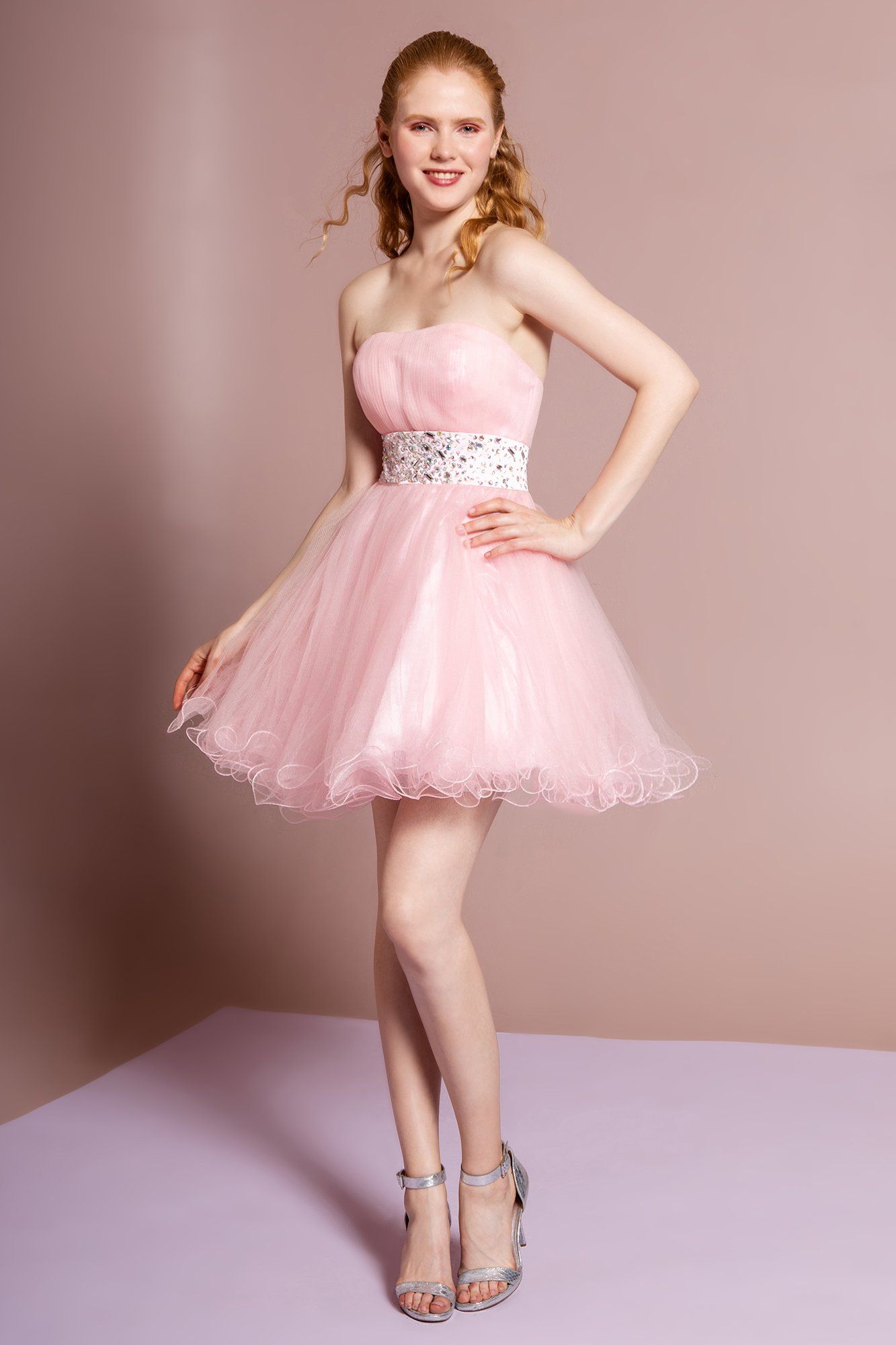 Strapless Short Dress with Jeweled Waistband by Elizabeth K GS1053 L / Blush Pink