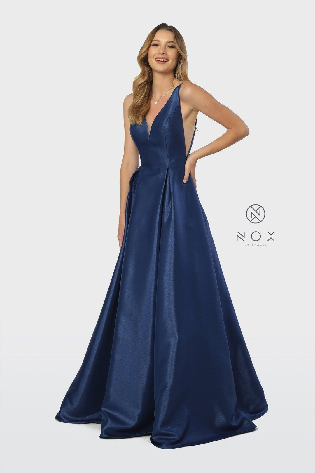 Taffeta Long V-Neck Ball Gown Style Dress by Nox Anabel E156-Long Formal Dresses-ABC Fashion