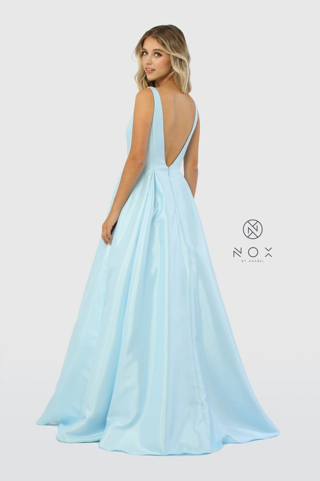 Taffeta Long V-Neck Ball Gown Style Dress by Nox Anabel E156-Long Formal Dresses-ABC Fashion