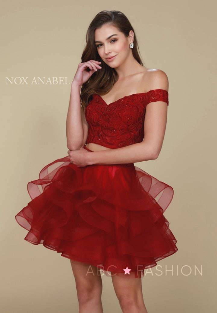 Tulle Short Off the Shoulder Two-Piece Dress by Nox Anabel A613-Short Cocktail Dresses-ABC Fashion