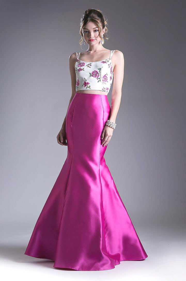 Two Piece Mermaid Dress with Floral Top by Cinderella Divine KC1737-Long Formal Dresses-ABC Fashion