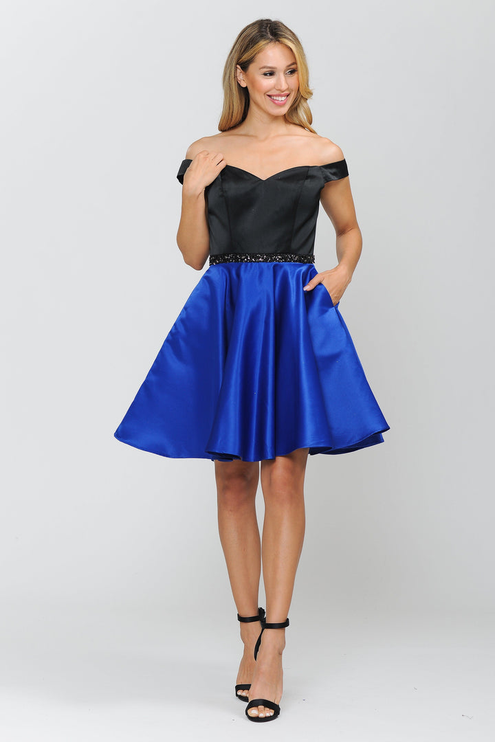 Two-Tone Short Off the Shoulder Dress by Poly USA 8532-Short Cocktail Dresses-ABC Fashion