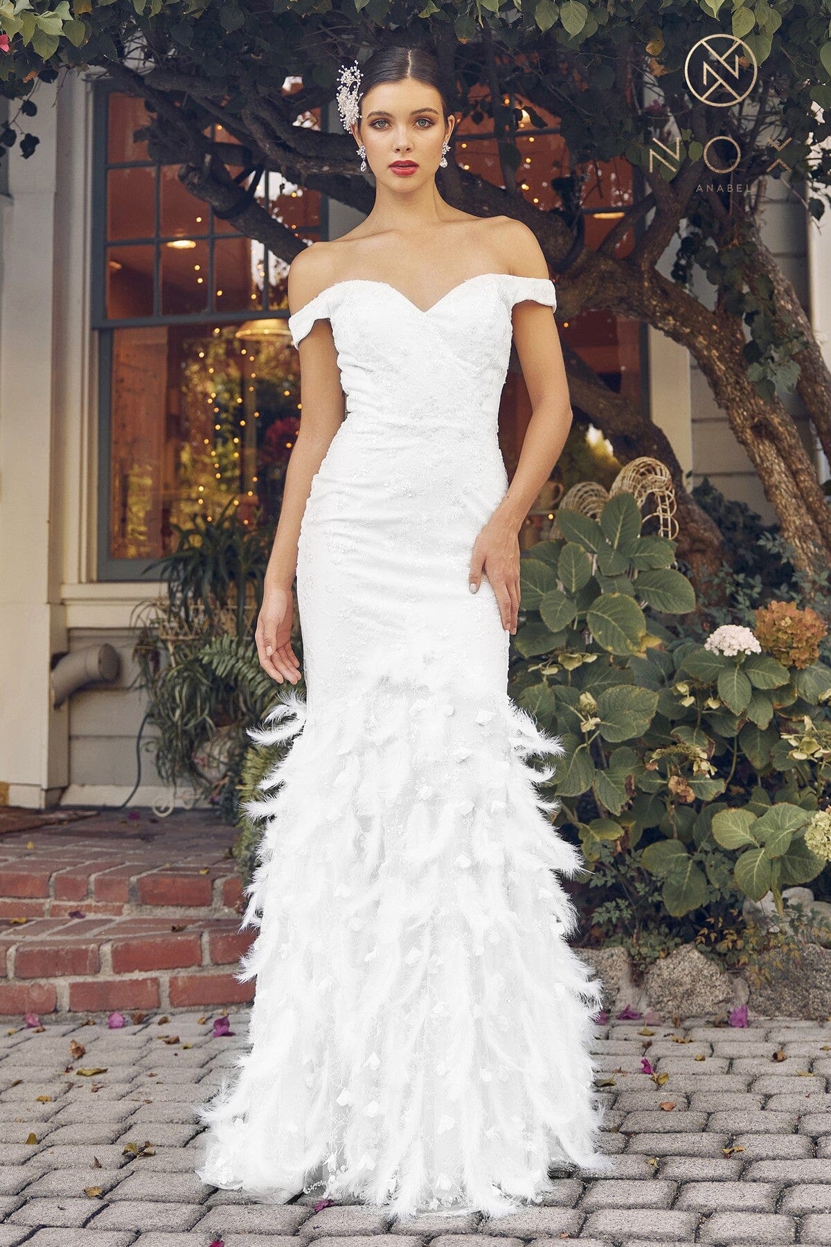 White Fitted Feather Off Shoulder Gown by Nox Anabel C1106W 4 / White White Fitted Feather Off Shoulder Gown by Nox Anabel C1106W 4 / White