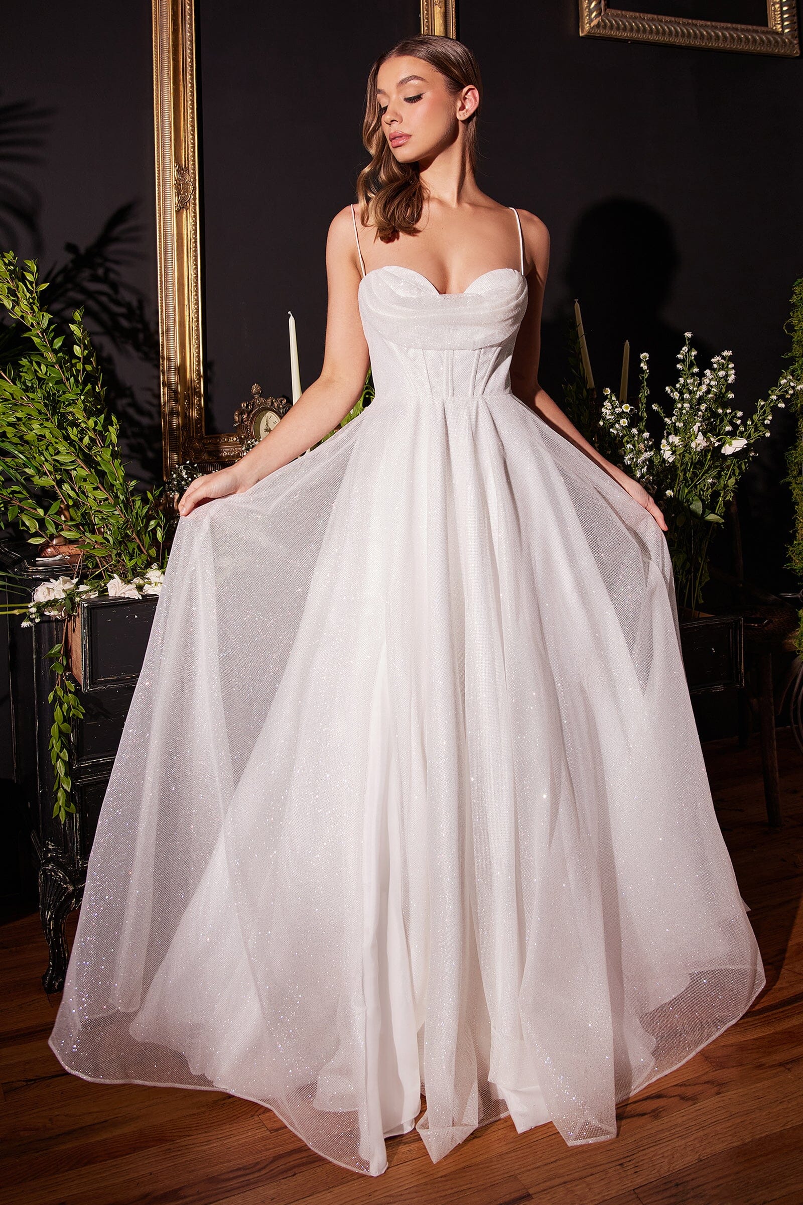 White Glitter Cowl Slit Gown by Ladivine CD253W – ABC Fashion