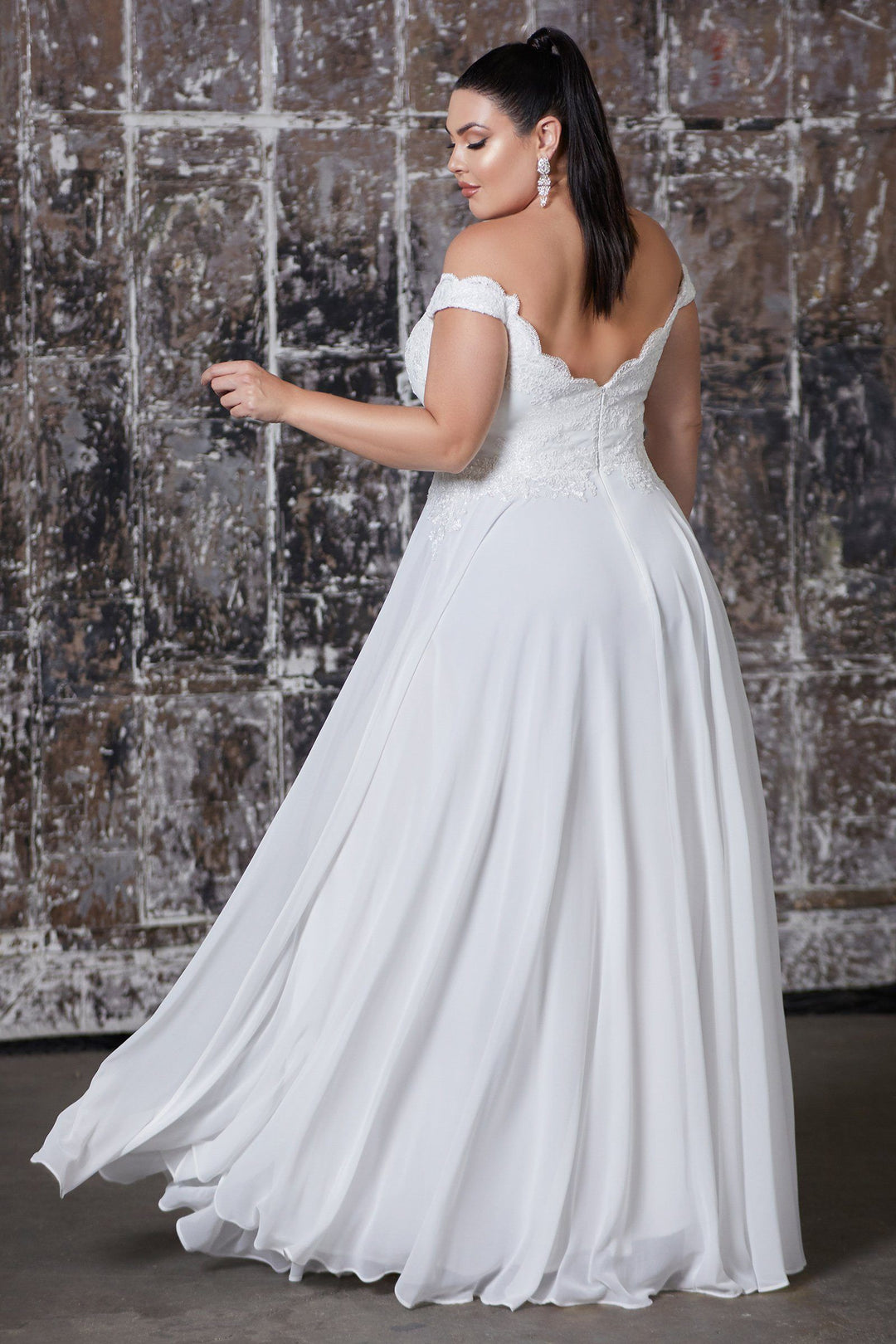 White Off Shoulder Lace Bodice Gown by Cinderella Divine 7258W