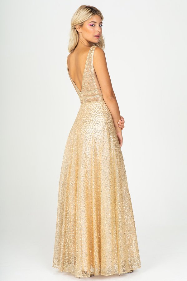 Glitter Mesh V-Neck A-line Gown by Eureka 9005