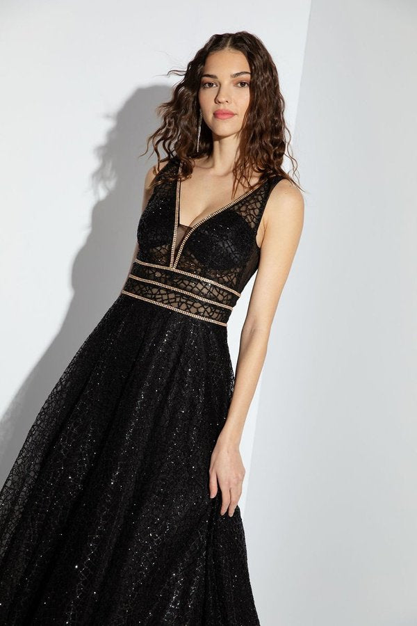 Glitter Mesh V-Neck A-line Gown by Eureka 9005