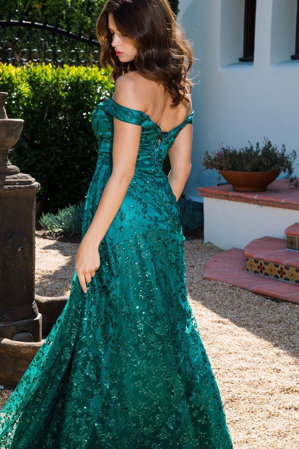 Glitter Print Off Shoulder Gown by Eureka 9766