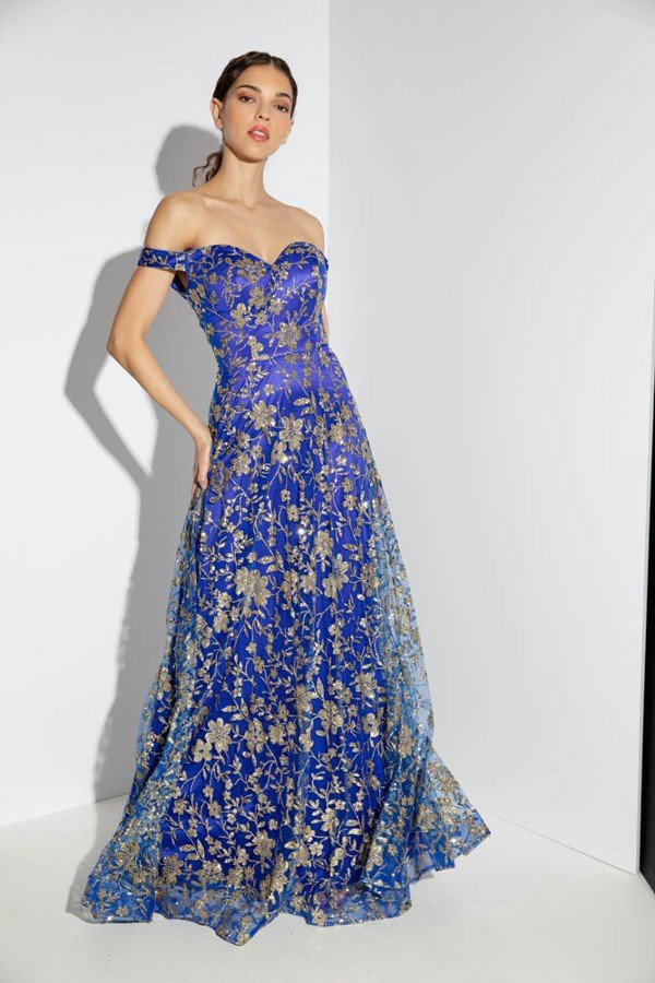 Glitter Print Off Shoulder Gown by Eureka 9766