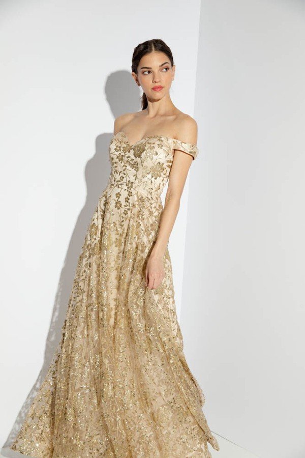 Glitter Print Off Shoulder Gown by Eureka 9766