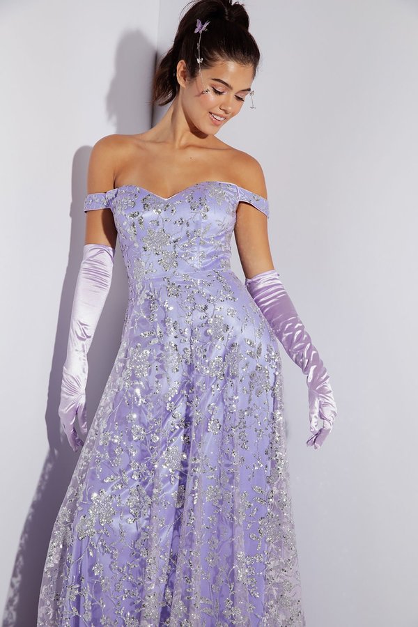 Glitter Print Off Shoulder Gown by Eureka 9766