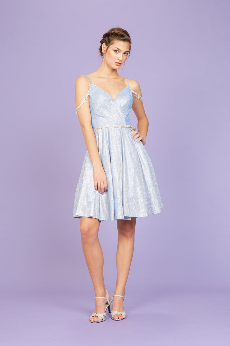 Metallic Short Cold Shoulder Dress by Eureka 9722 XL / Ice Blue Metallic Short Cold Shoulder Dress by Eureka 9722 XL / Ice Blue