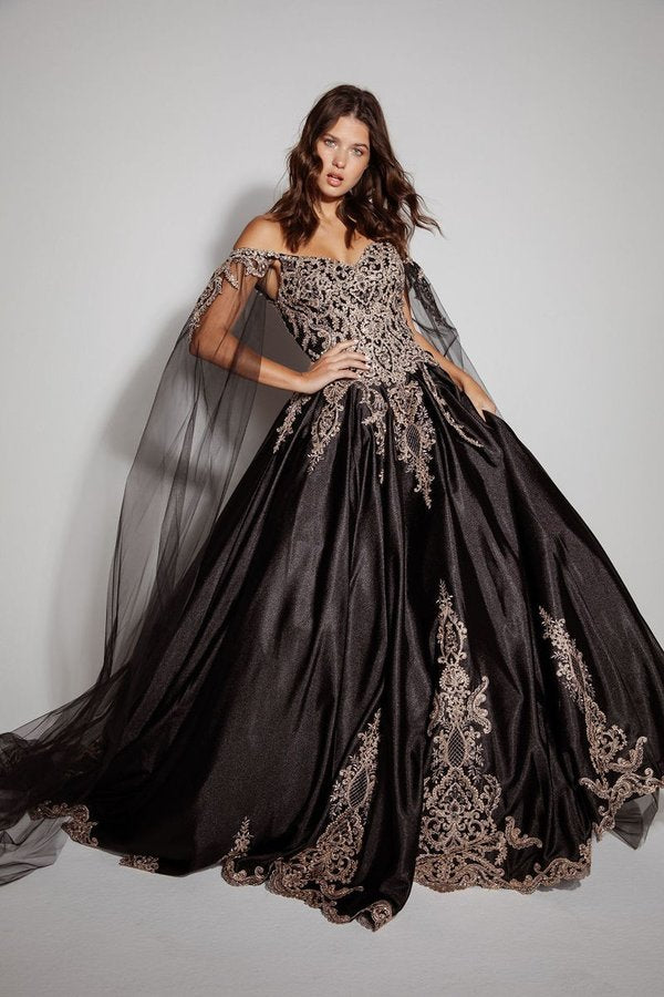 Applique Cape Sleeve Ball Gown by Eureka EK1002