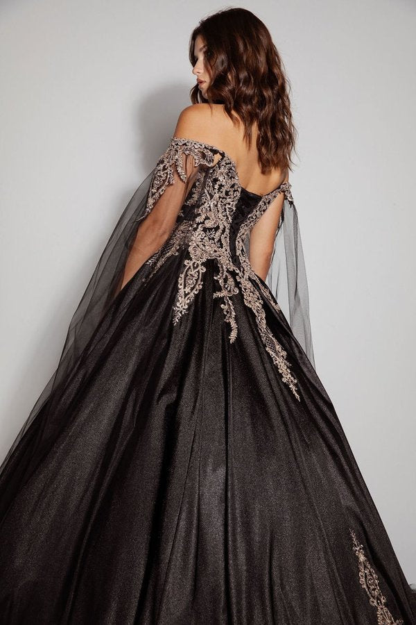 Applique Cape Sleeve Ball Gown by Eureka EK1002