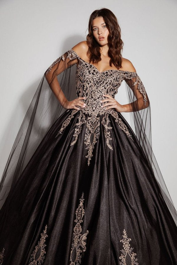 Applique Cape Sleeve Ball Gown by Eureka EK1002
