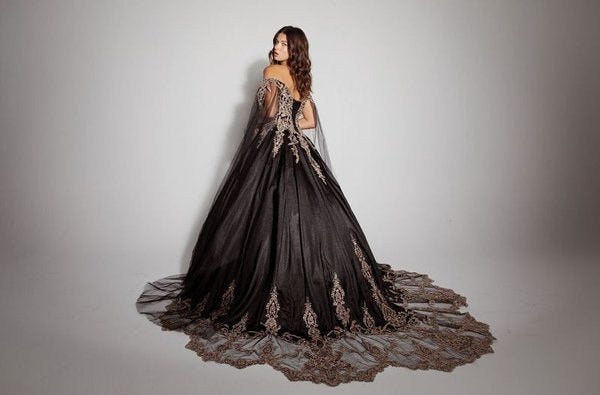 Applique Cape Sleeve Ball Gown by Eureka EK1002