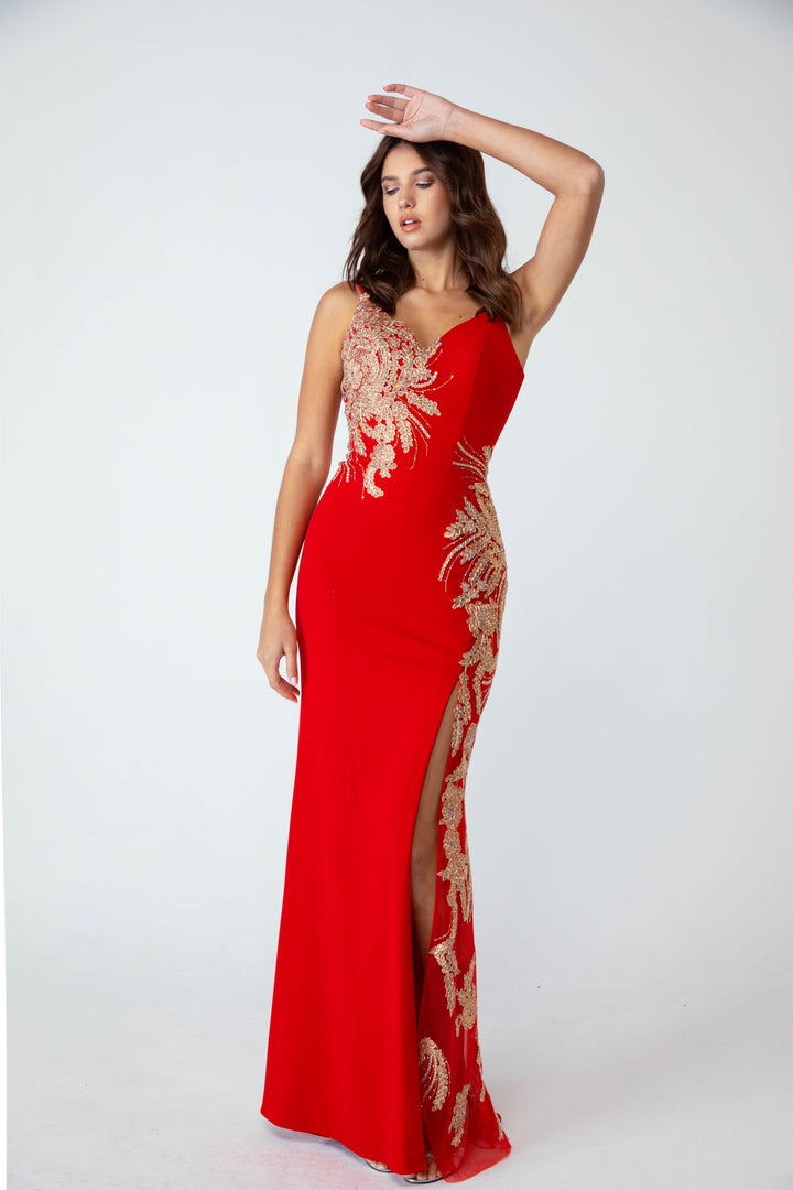 Applique Fitted V-Neck Slit Gown by Eureka 9996