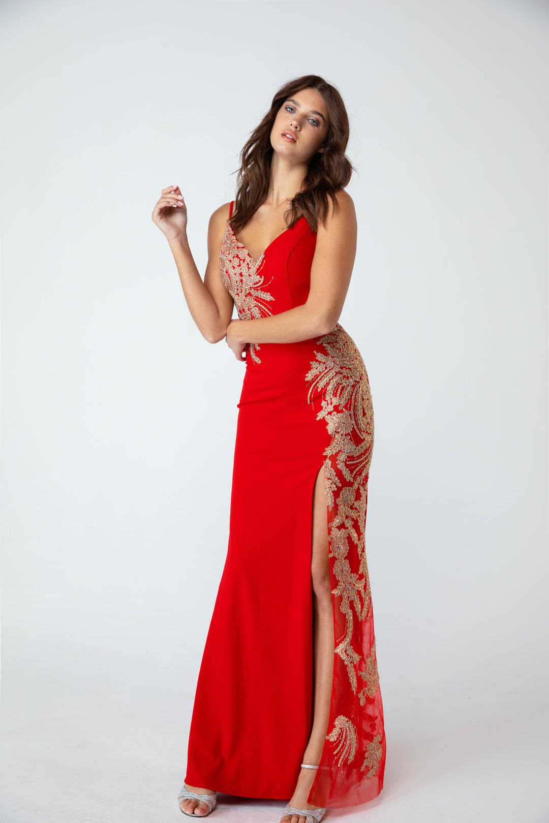 Applique Fitted V-Neck Slit Gown by Eureka 9996