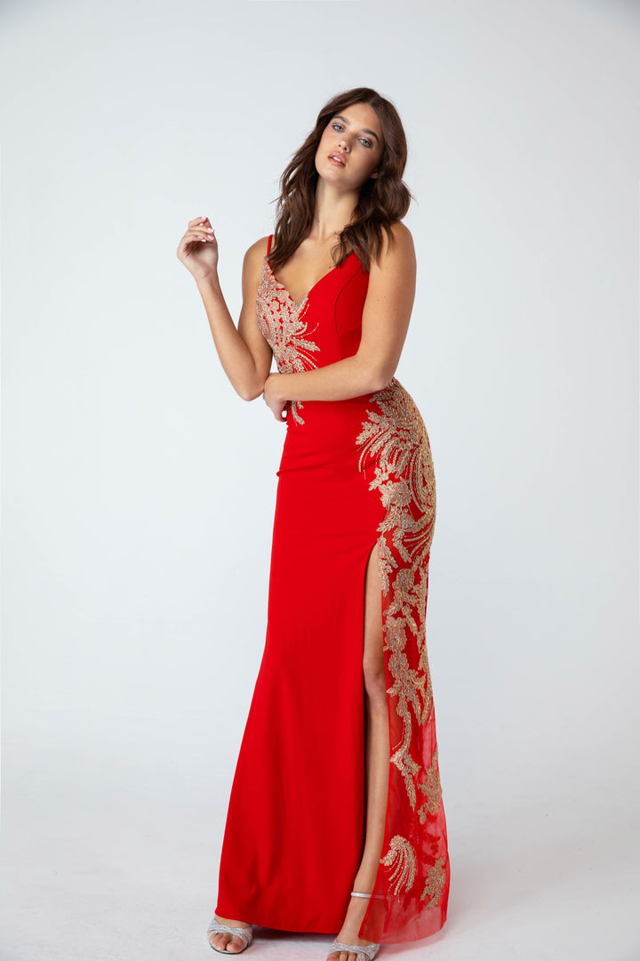 Applique Fitted V-Neck Slit Gown by Eureka 9996