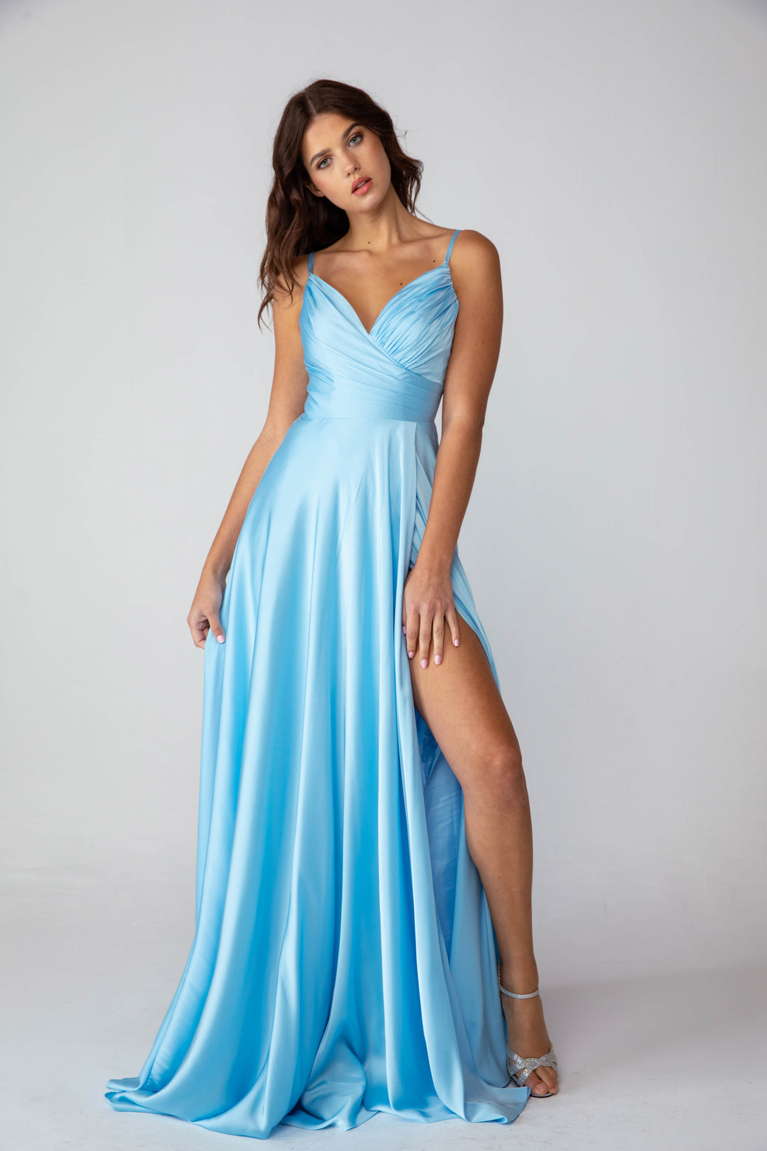 Satin V-Neck A-line Slit Gown by Eureka 9917