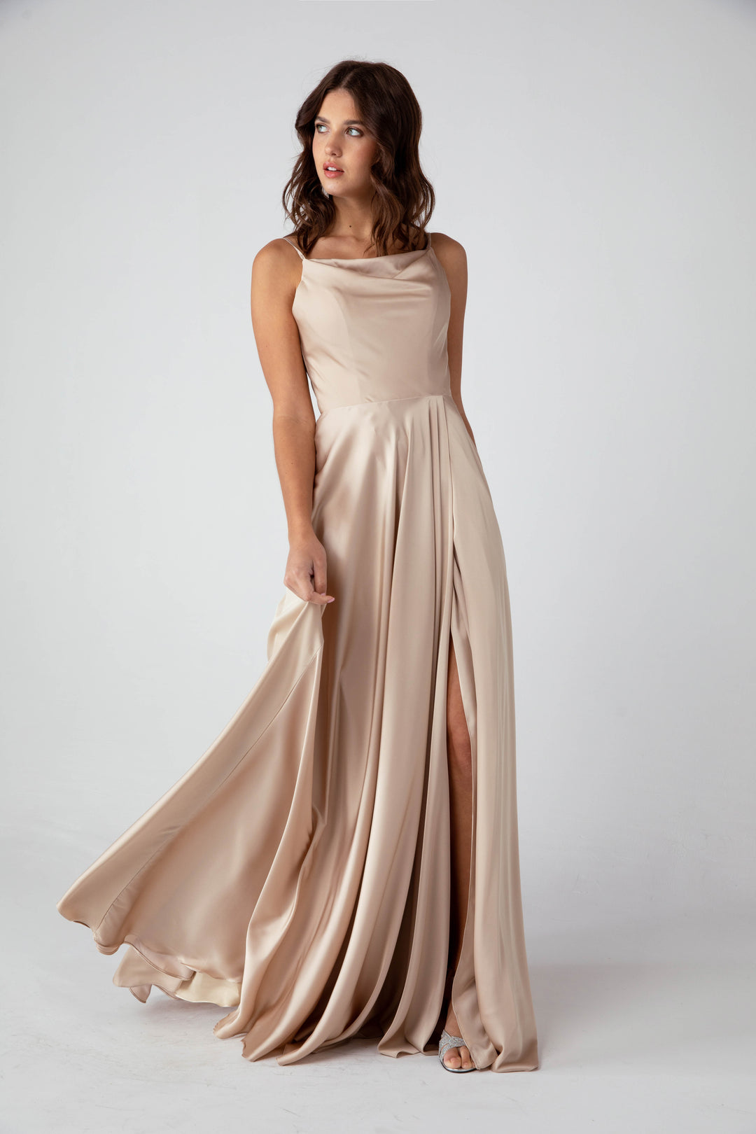 Satin Long Cowl A-line Slit Dress by Eureka 9916