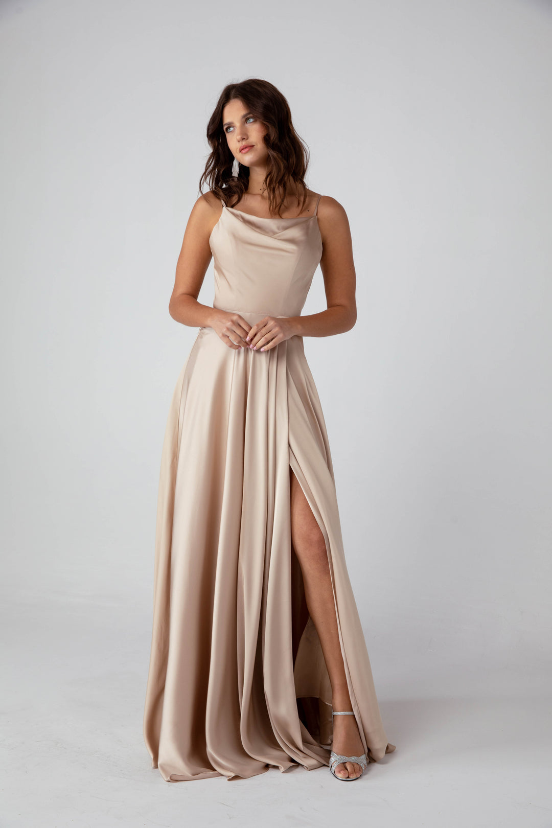 Satin Long Cowl A-line Slit Dress by Eureka 9916