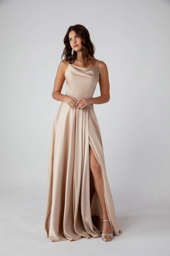 Satin Long Cowl A-line Slit Dress by Eureka 9916