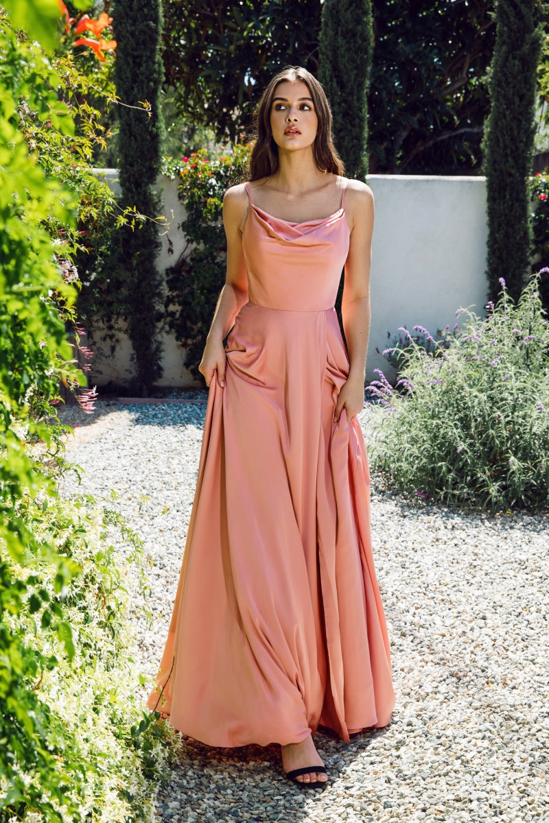 Satin Long Cowl A-line Slit Dress by Eureka 9916