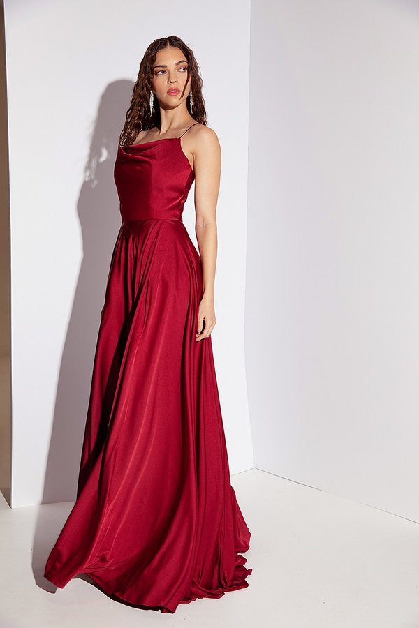 Satin Long Cowl A-line Slit Dress by Eureka 9916