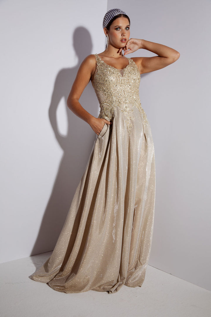 Applique Metallic Sleeveless A-line Gown by Eureka 9606