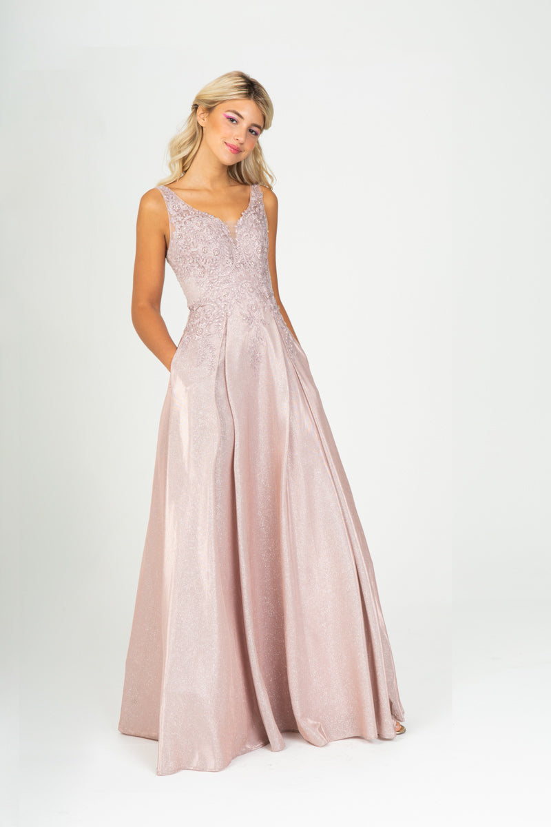 Applique Metallic Sleeveless A-line Gown by Eureka 9606