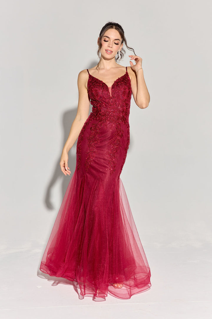 Applique Tulle V-Neck Mermaid Dress by Eureka 9998