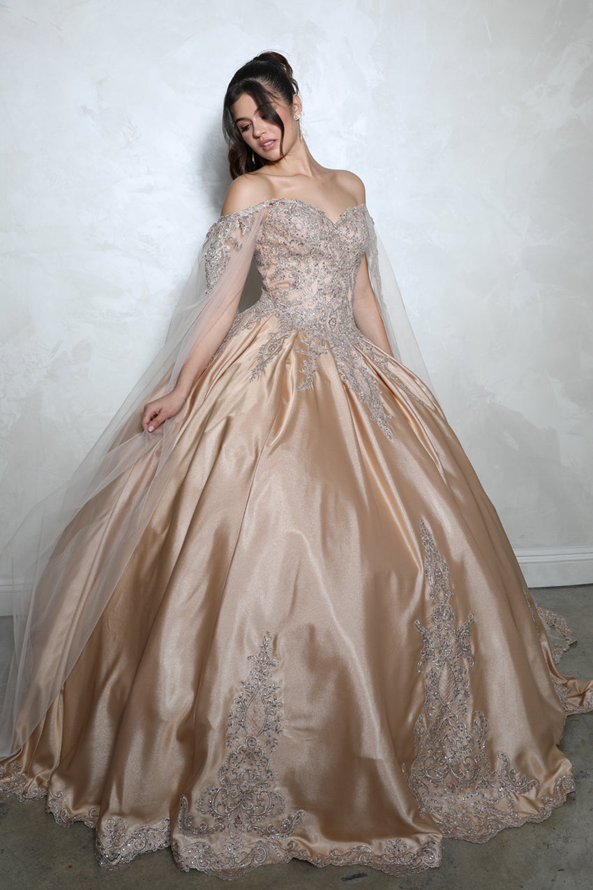 Applique Cape Sleeve Ball Gown by Eureka EK1002