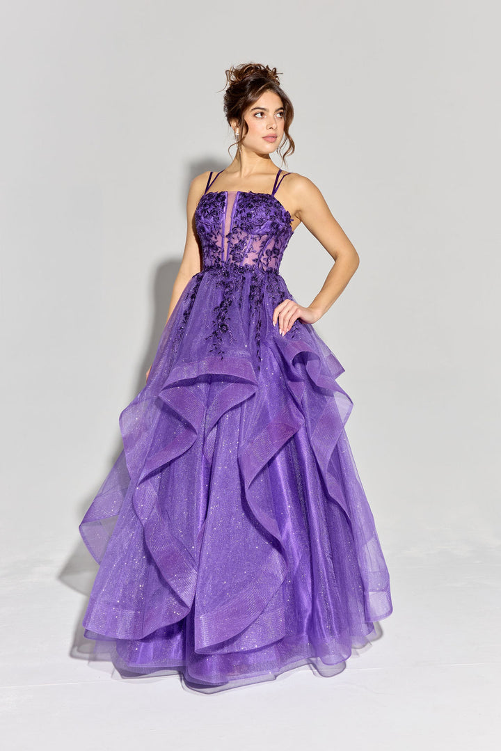 Applique Sleeveless A-line Ruffled Gown by Eureka EK157