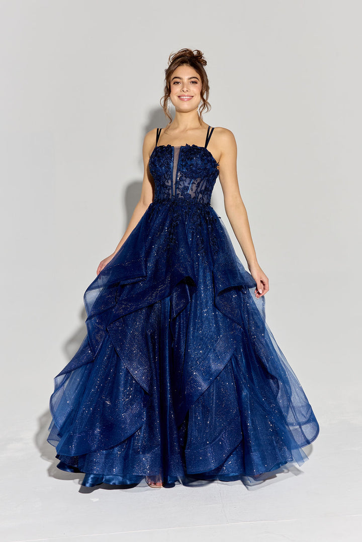 Applique Sleeveless A-line Ruffled Gown by Eureka EK157