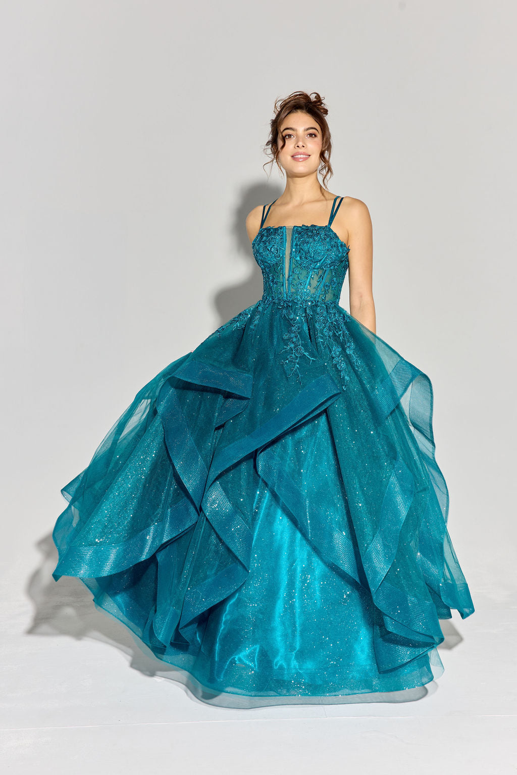 Applique Sleeveless A-line Ruffled Gown by Eureka EK157