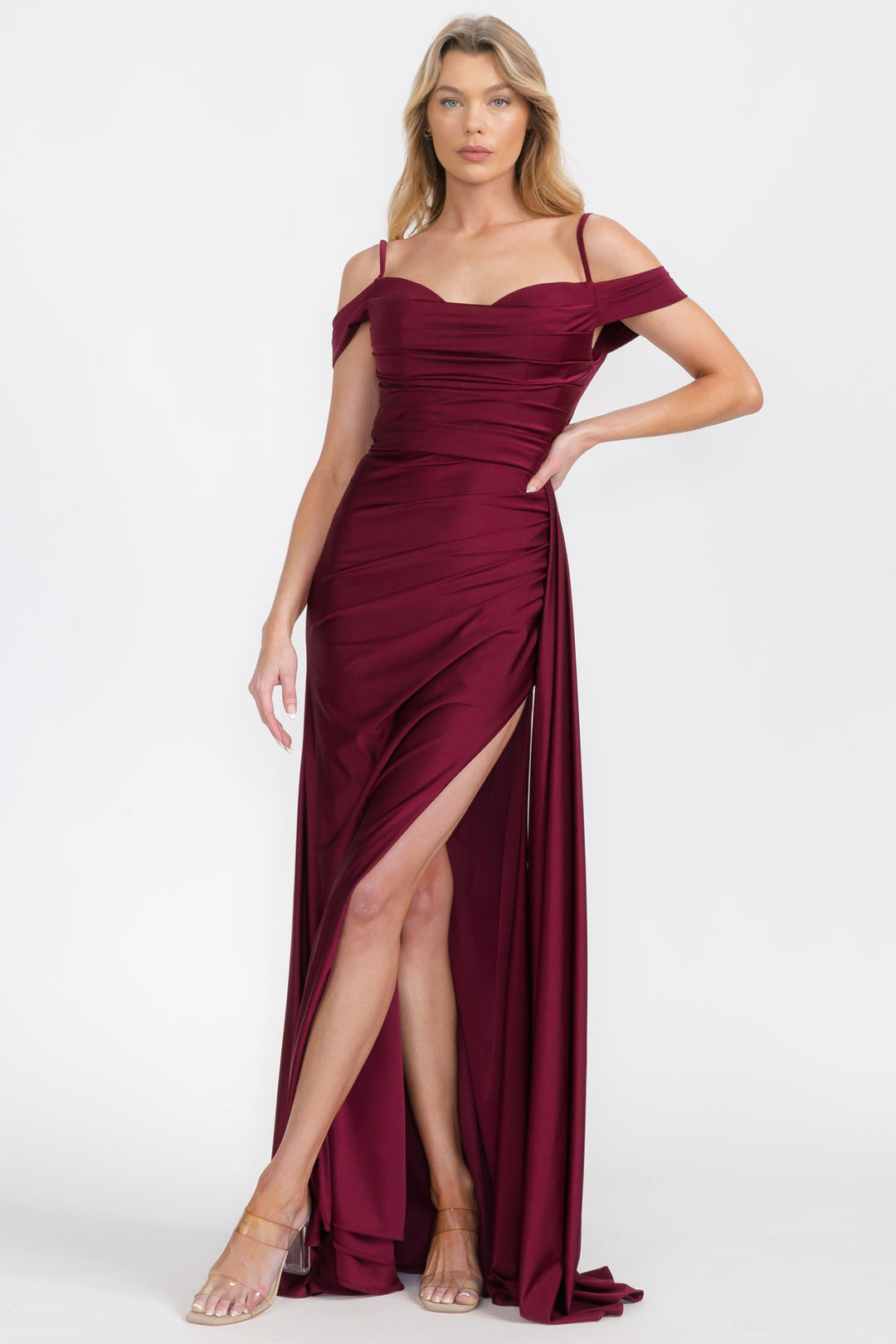Satin Cold Shoulder Slit Gown by Eureka EK117