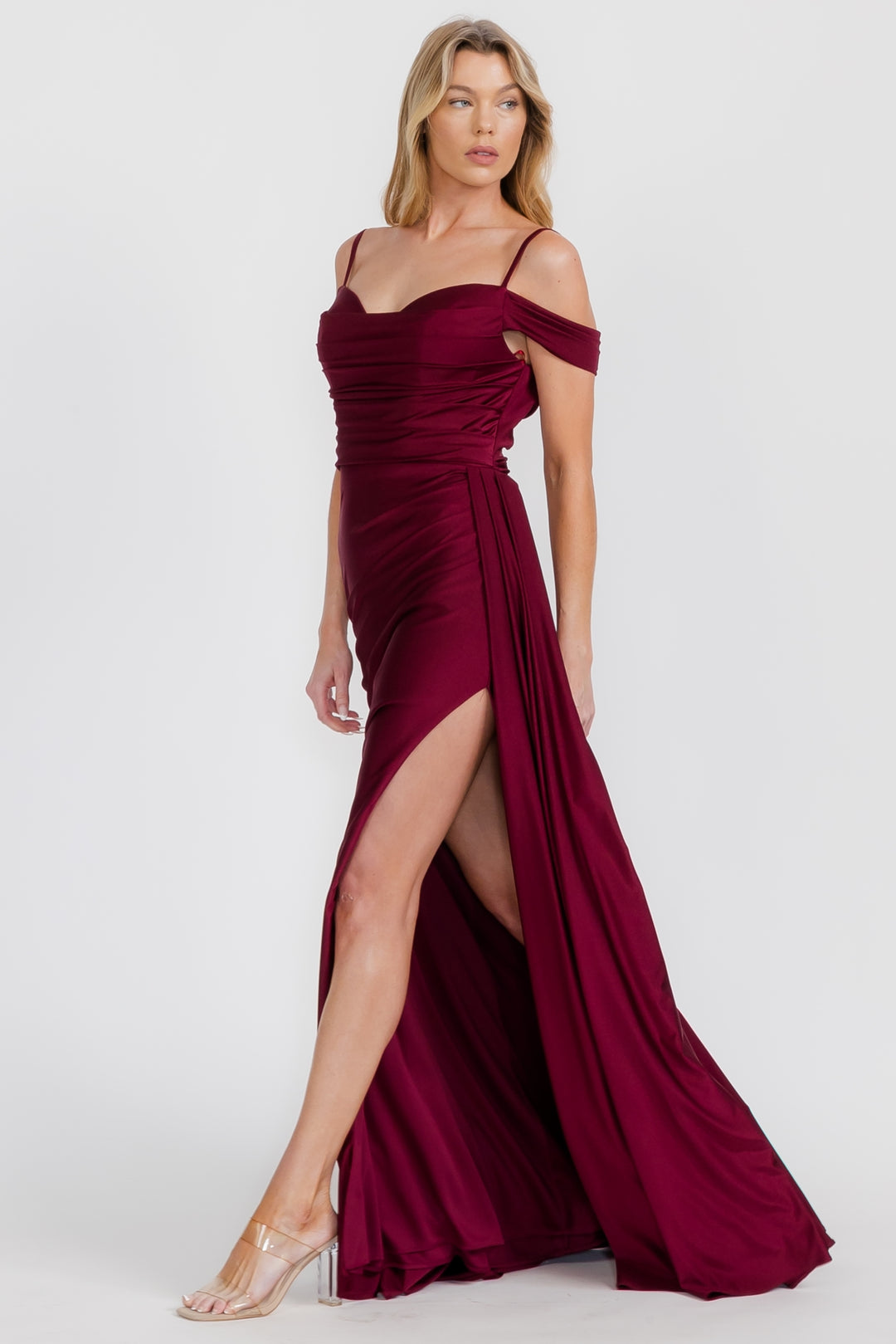 Satin Cold Shoulder Slit Gown by Eureka EK117