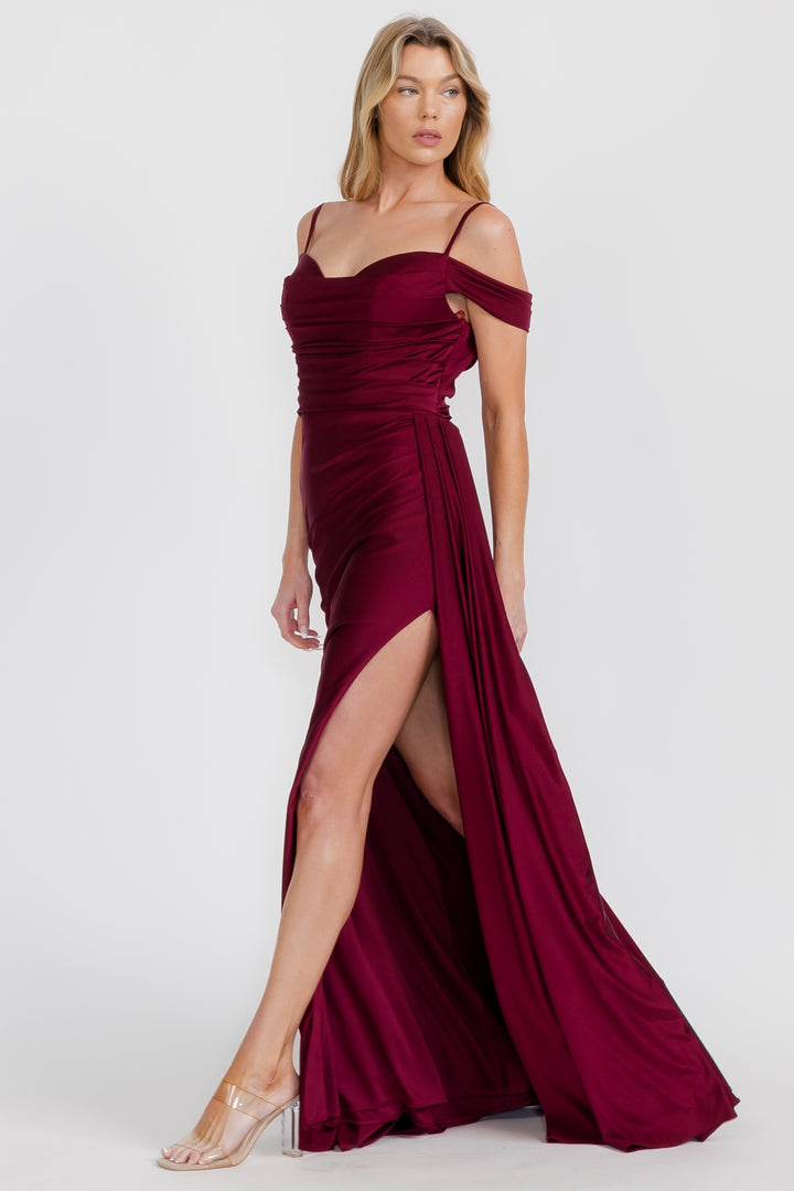 Satin Cold Shoulder Slit Gown by Eureka EK117