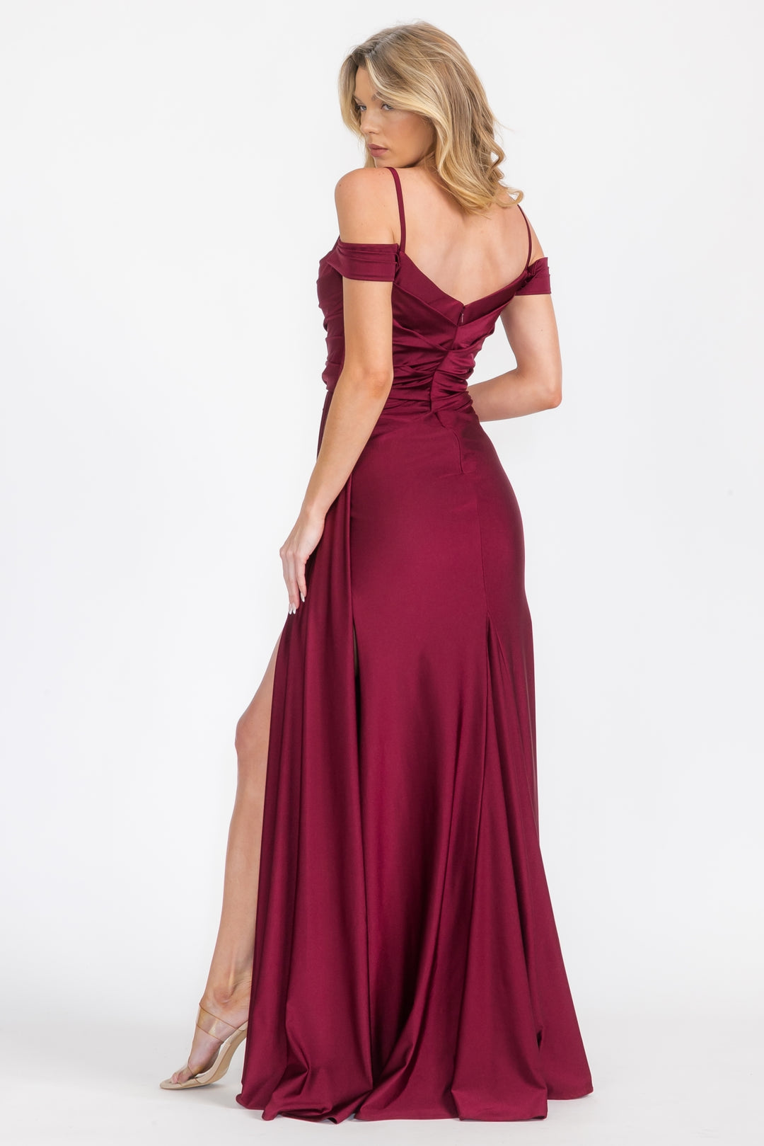 Satin Cold Shoulder Slit Gown by Eureka EK117